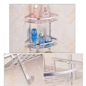 Household Aluminum Bathroom Wall Mounted Metal Basket, Triangle Storage Rack Holder Spice Shampoo Shower Corner Shelf with Screws Made in China