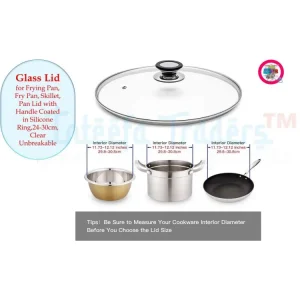 Glass Lid for Frying Pan, Fry Pan, Skillet, Pan Lid with Handle Coated in Silicone Ring, Clear, Unbreakable