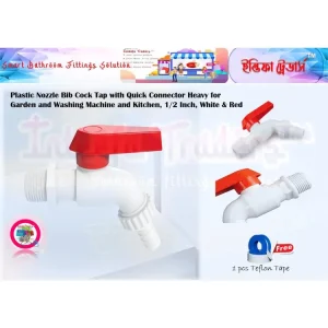 Plastic Nozzle Bib Cock Tap with Quick Connector Heavy for Garden and Washing Machine and Kitchen, 1/2 Inch, White & Red