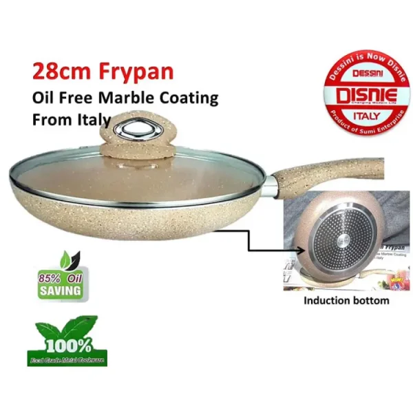 Disnie Marble Coating from Italy Ceramic Non Stick Cookware Induction Friendly Granite Fry Pan with Cover Gas & Induction Compatible-Brown Color