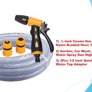 Heavy Duty Hose Nozzle Water Spray High Pressure for Gardening, Flower, Plants, Lawn, Multi Functional Cleaning, Showering Pet & Wash Cars,5 Function Spray Gun ( ½ inch 10 feet Hose, 1pcs Spray Gun, 3 pcs Quick Water Tap Adapter- Combo pack) ABS plastic