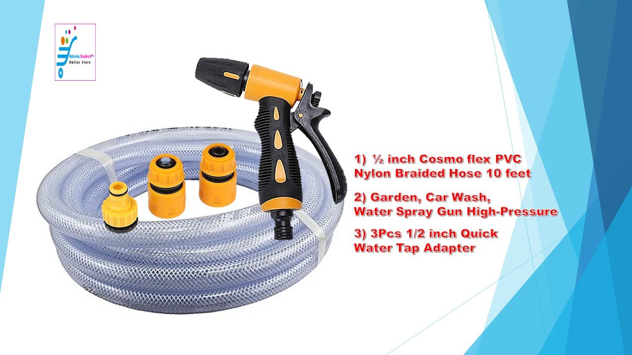 Heavy Duty Hose Nozzle Water Spray High Pressure for Gardening, Flower, Plants, Lawn, Multi Functional Cleaning, Showering Pet & Wash Cars,5 Function Spray Gun ( ½ inch 10 feet Hose, 1pcs Spray Gun, 3 pcs Quick Water Tap Adapter- Combo pack) ABS plastic