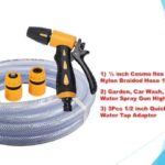 Heavy Duty Hose Nozzle Water Spray High Pressure for Gardening, Flower, Plants, Lawn, Multi Functional Cleaning, Showering Pet & Wash Cars,5 Function Spray Gun ( ½ inch 10 feet Hose, 1pcs Spray Gun, 3 pcs Quick Water Tap Adapter- Combo pack) ABS plastic