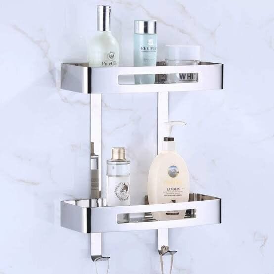 2026/06/1000185306.jpg Wall Mounted Storage Shelves Racks | Stainless Steel Bathroom/Toilet Double Layer Shelf | Toilet Shampoo Soap Shower Holder (Double Layer with Hook) - bathroom accessories - Image 1