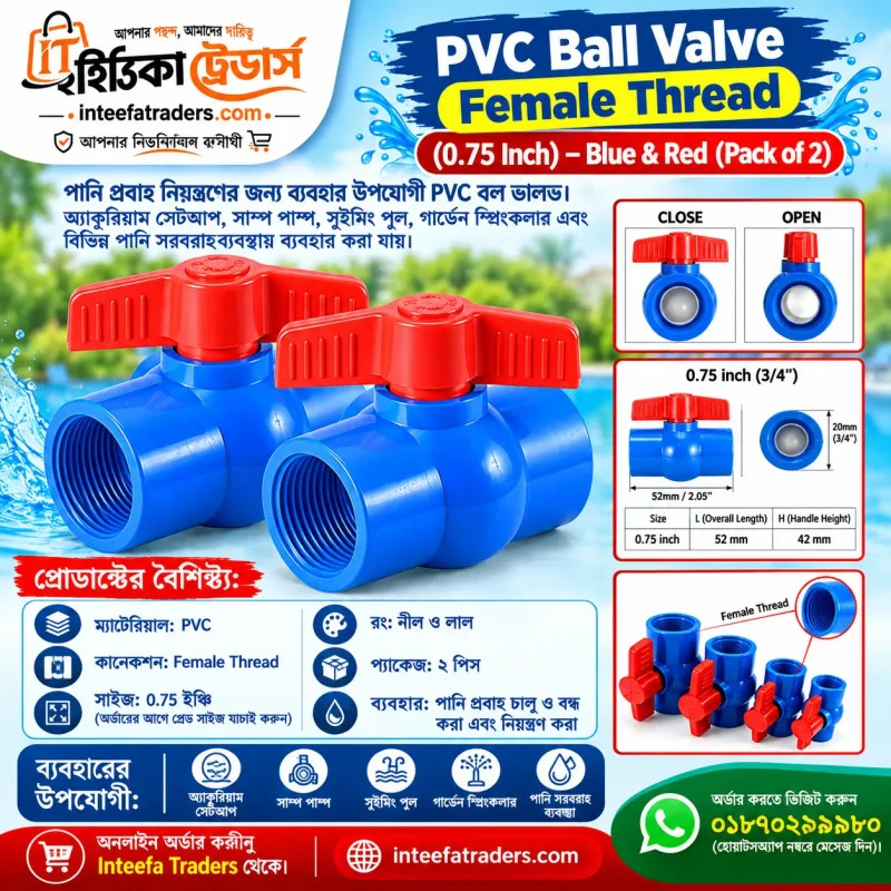 PVC Ball Valve Female Thread 0.75 Inch Blue Red Pack of 2