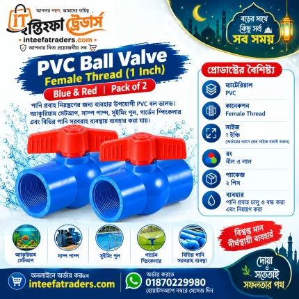 1 Inch PVC Ball Valve Female Thread Blue Red Pack of 2