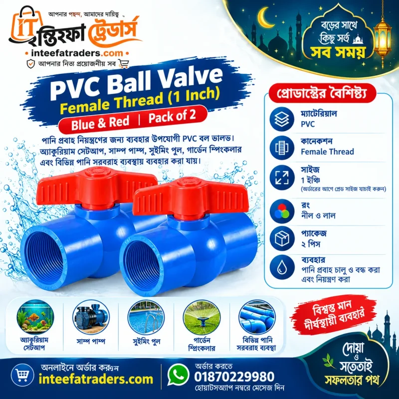 1 Inch PVC Ball Valve Female Thread Blue Red Pack of 2